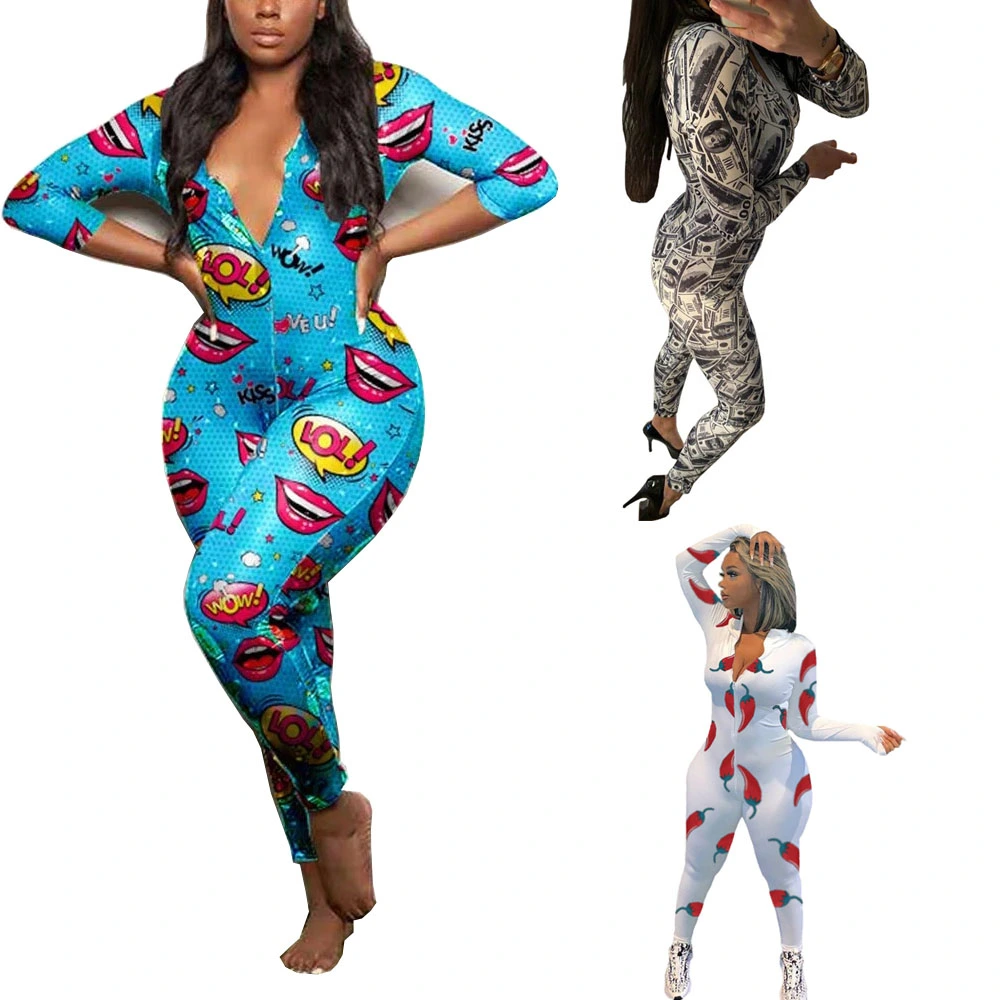 Female Long Sleeve Jumpsuit, Pattern Printed Zipper Slim Fit Home Wear Romper