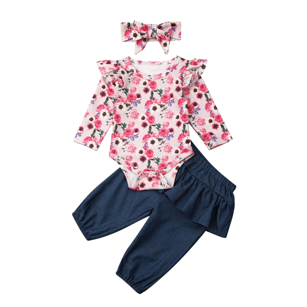 Baby Girls Clothes Set, Floral Print Jumpsuit+Trousers with Ruffle+Headband