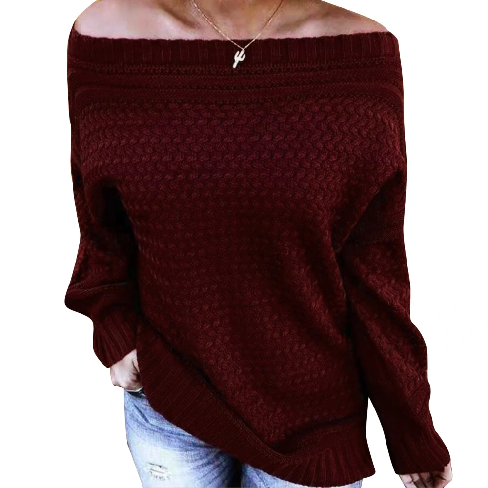 Women Thermal Sweater, Wine Red Solid Color Off-the-shoulder Tops