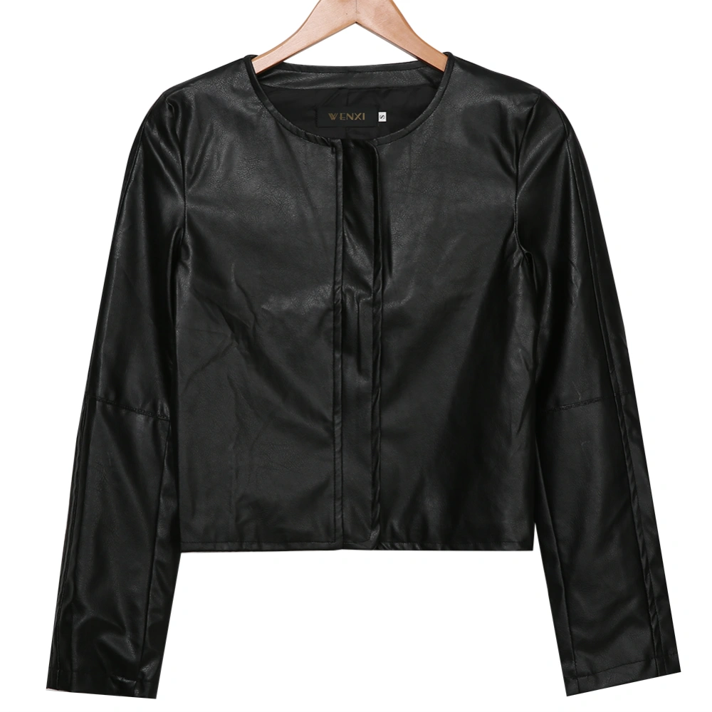 Women's Leather Jacket, Solid Zipper Up Long Sleeve Moto Biker Jacket