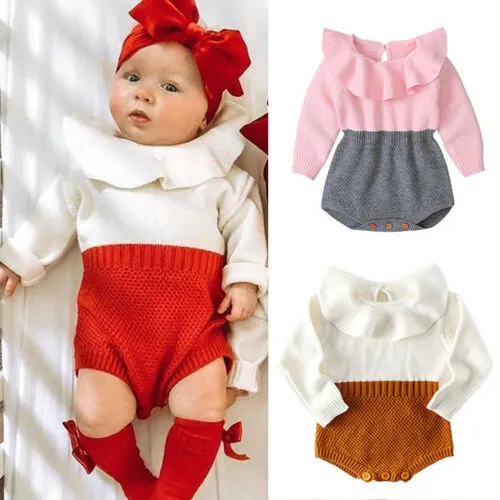 Baby Girls Knitted Ribbed Romper Long Sleeve Ruffled Cute Jumpsuits