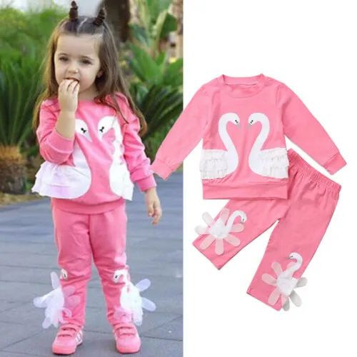 Toddler Baby Girls Swan Print Long Sleeve Sweatshirt Top + Elastic Waist Pants