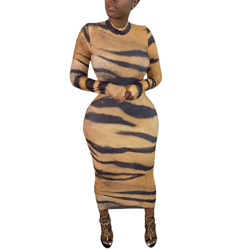 Women Sexy Dress, Long Sleeve Mock-Neck Tiger Patterns Tight Dress