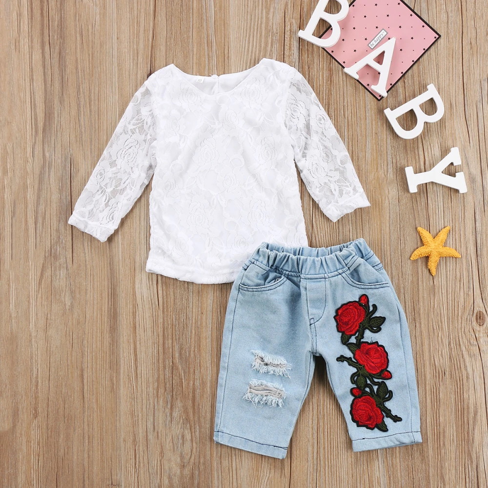 Baby Girls Fall Clothes Long Sleeve Lace Tops + Flower Hole Denim Pants