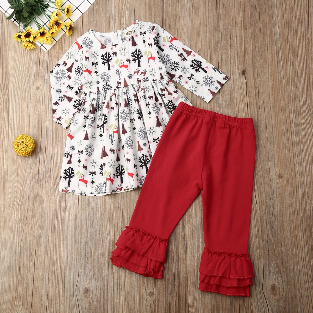 Girl's Long Sleeve Round Neck Blouse + Solid Color Ruffle Pants Outfits Set