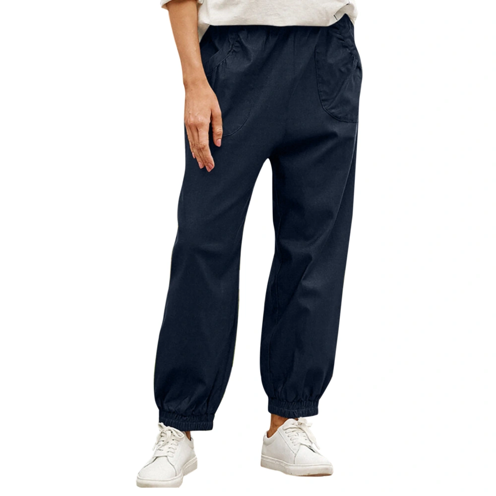 Women Casual Pants, Solid Color Middle Elastic Trousers with Pockets