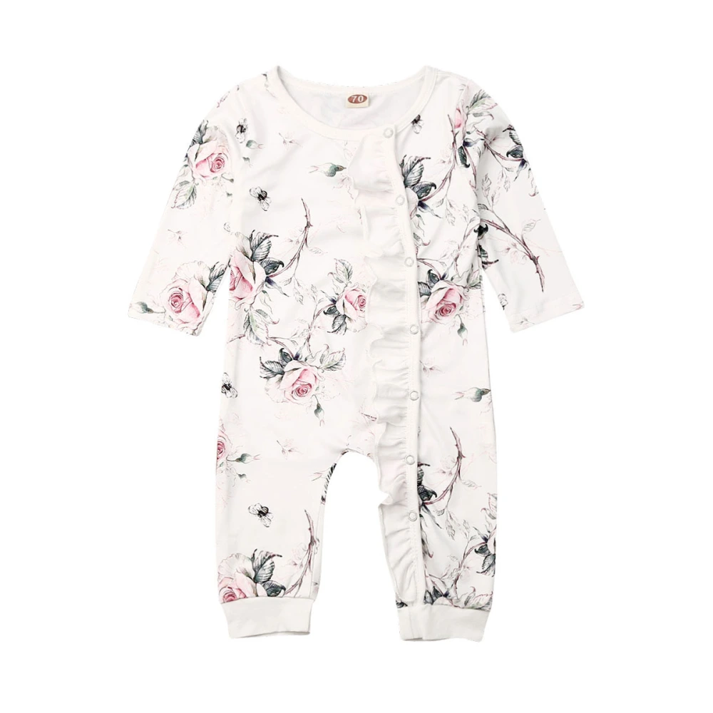 Baby Girls Long Sleeve Romper Flower Print Single-breasted Ruffle Jumpsuit