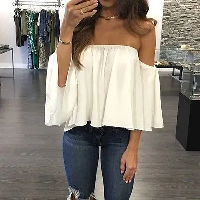 Women's Off Shoulder Top Solid Color Casual Chiffon Short Sleeve T-Shirts