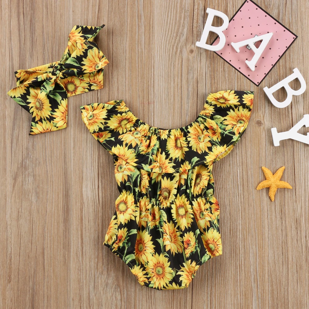 Baby Girls Summer Clothes Set Sun Flower Off Shoulder Ruffle Romper+Headband