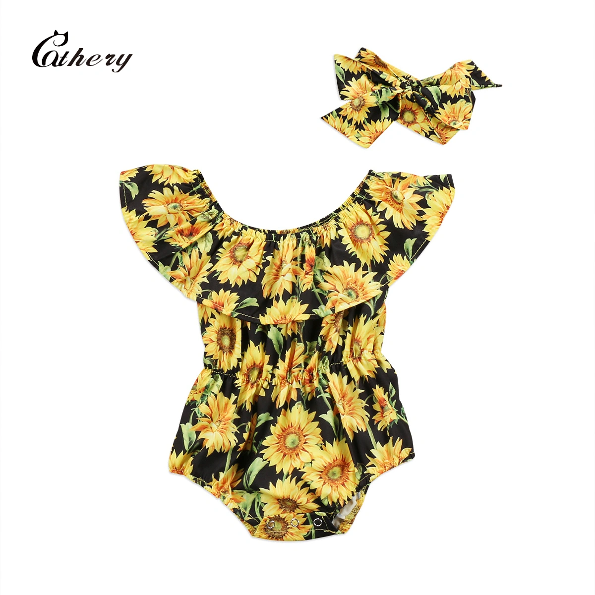 Baby Girls Summer Clothes Set Sun Flower Off Shoulder Ruffle Romper+Headband
