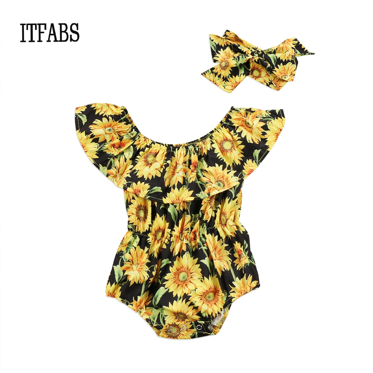 Baby Girls Summer Clothes Set Sun Flower Off Shoulder Ruffle Romper+Headband