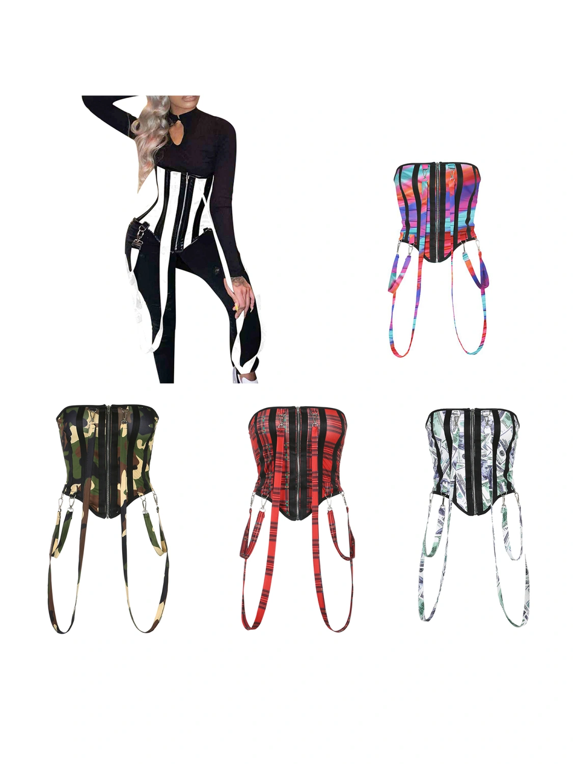 Women Camouflage Bodysuit, High Collar Jumpsuit / Camouflage Waistband