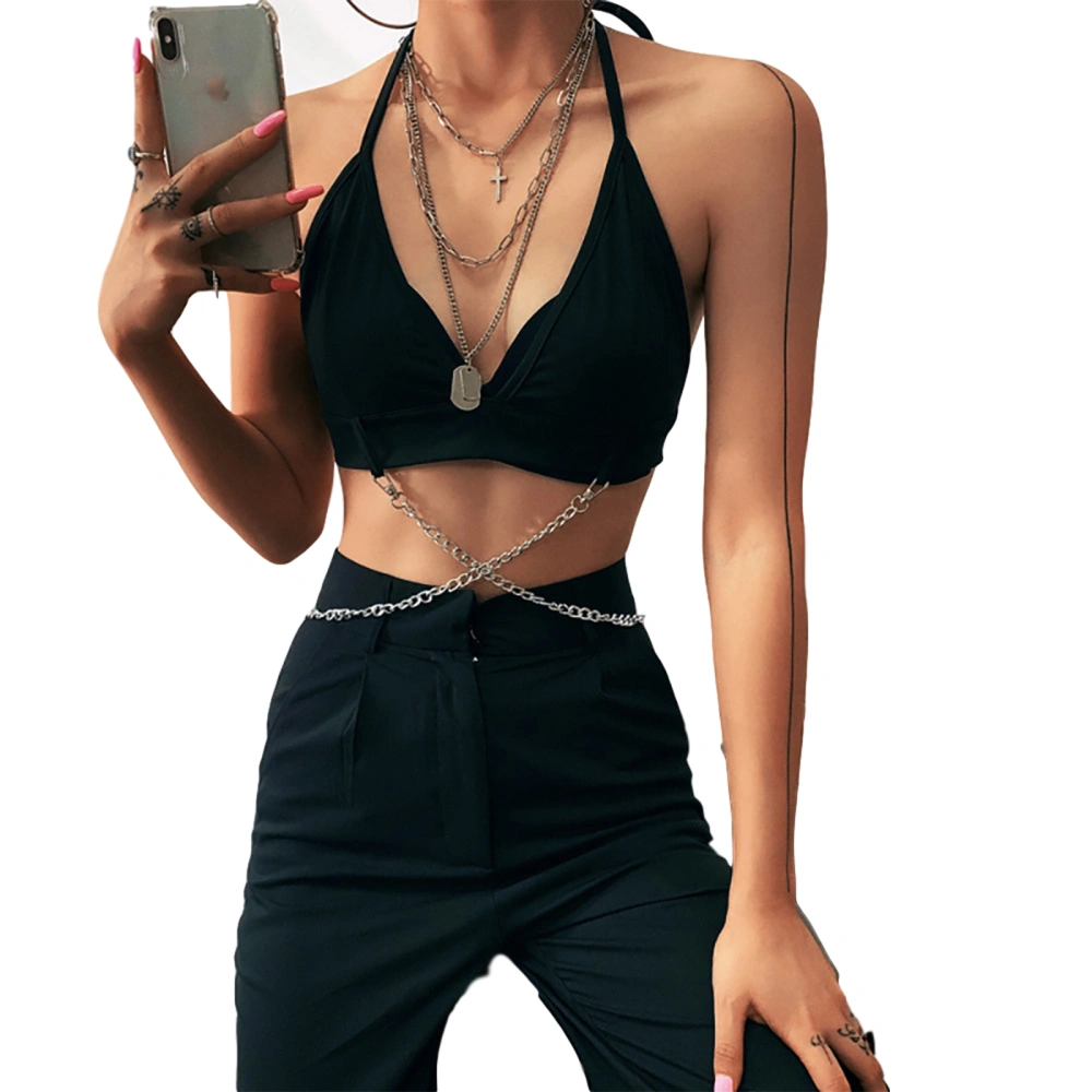 Women's Sexy V Neck Sleeveless Tie Up Halter Crop Top with Cross Chain Strap