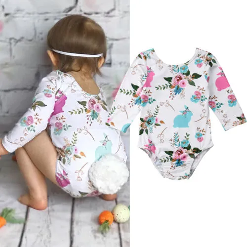 Girl's Flower Printed Romper, Long Sleeve Playsuit with Plush Tail