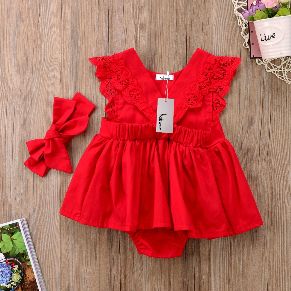 Newborn Baby Girls Floral Dress Lace Jumpsuit + Bow Headband Outfits