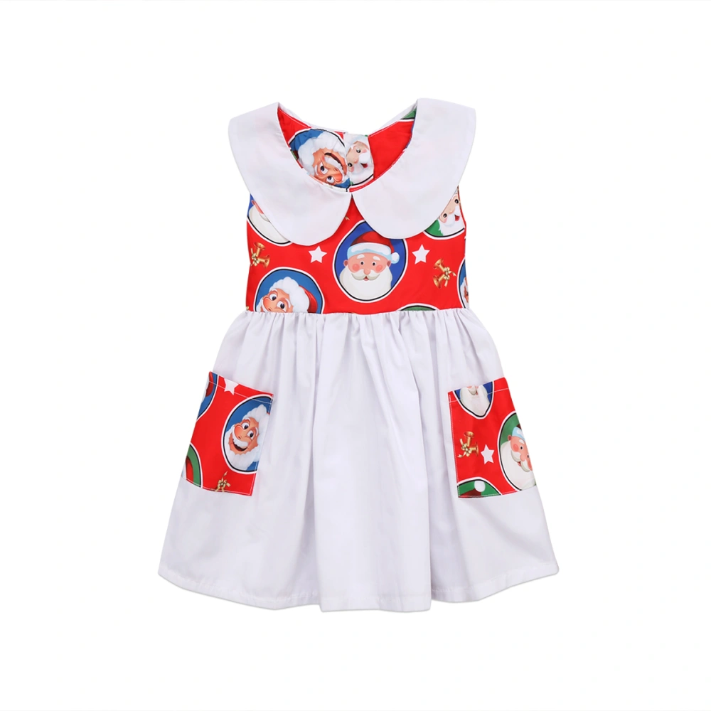 Girl's Sleeveless Peter Pan Collar Santa Claus Print A-Line Dress