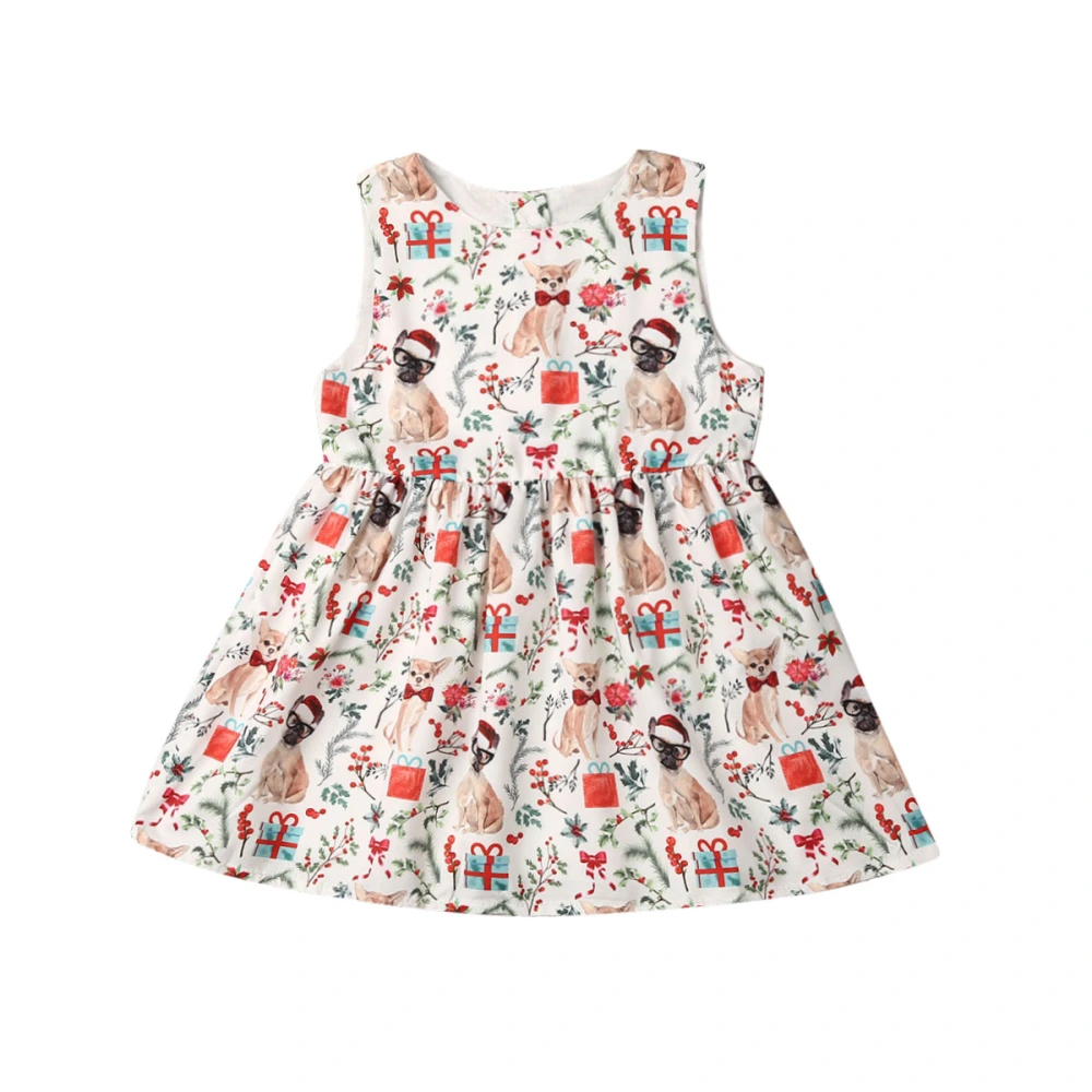 Girl's Sleeveless Round Neck Christmas Cartoon Print Pleated Dress