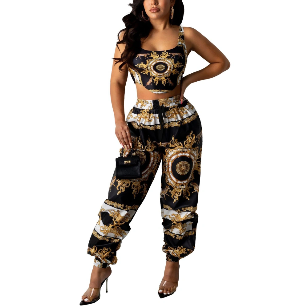 Women’s Vintage Print Cropped Vest and Beam Feet Long Pants Set