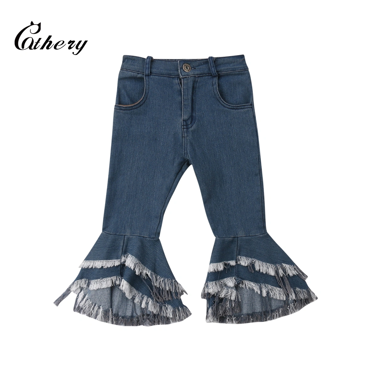 Girls Solid Color Jeans Flare Trousers Ruffle Bell Bottoms Trousers