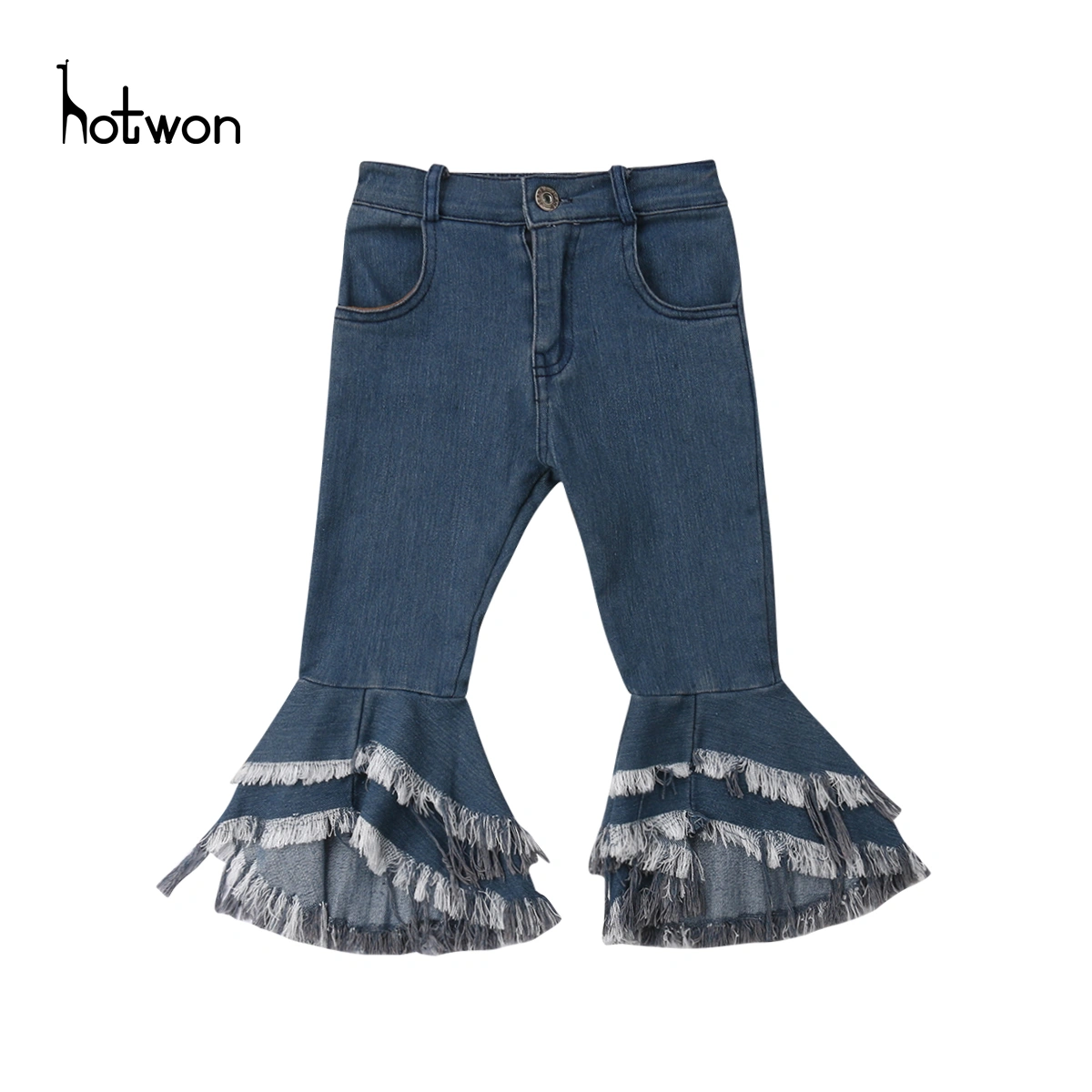 Girls Solid Color Jeans Flare Trousers Ruffle Bell Bottoms Trousers