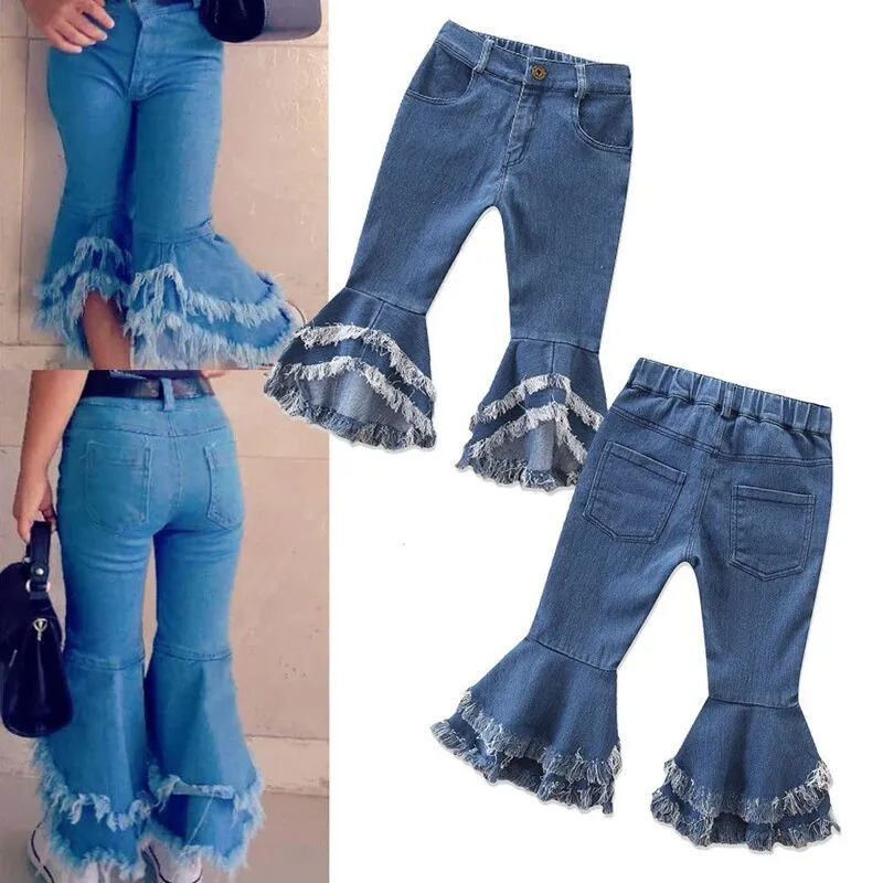 Girls Solid Color Jeans Flare Trousers Ruffle Bell Bottoms Trousers