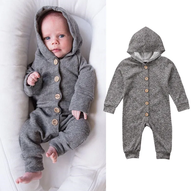 Newborn's Solid Color Hooded Jumpsuit, Single Breasted One-piece Romper