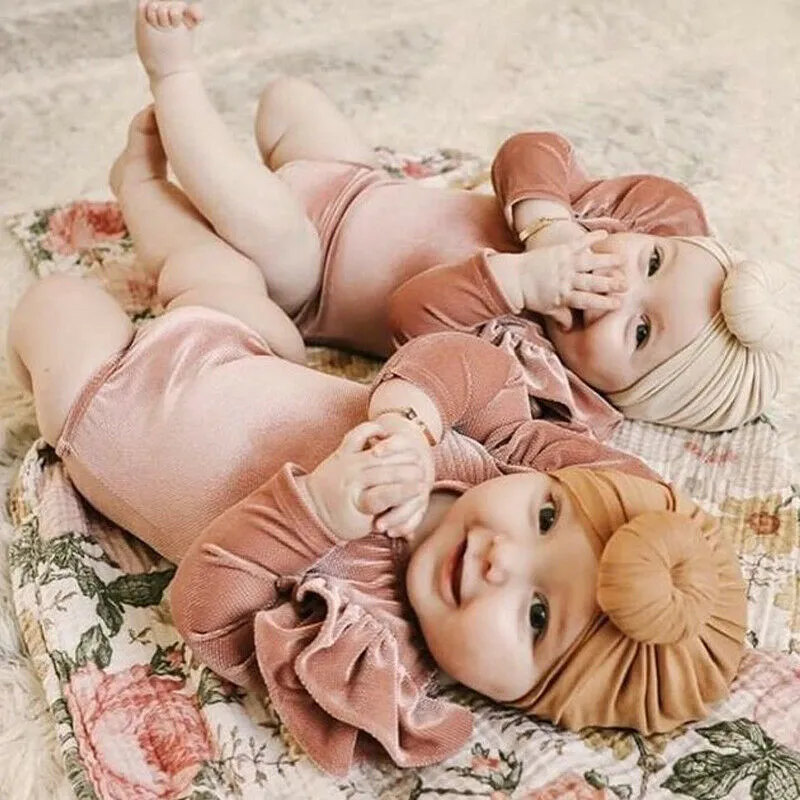 Baby Girls Long Sleeve Romper Velvet Solid Color Ruffle Fly Sleeve Jumpsuit