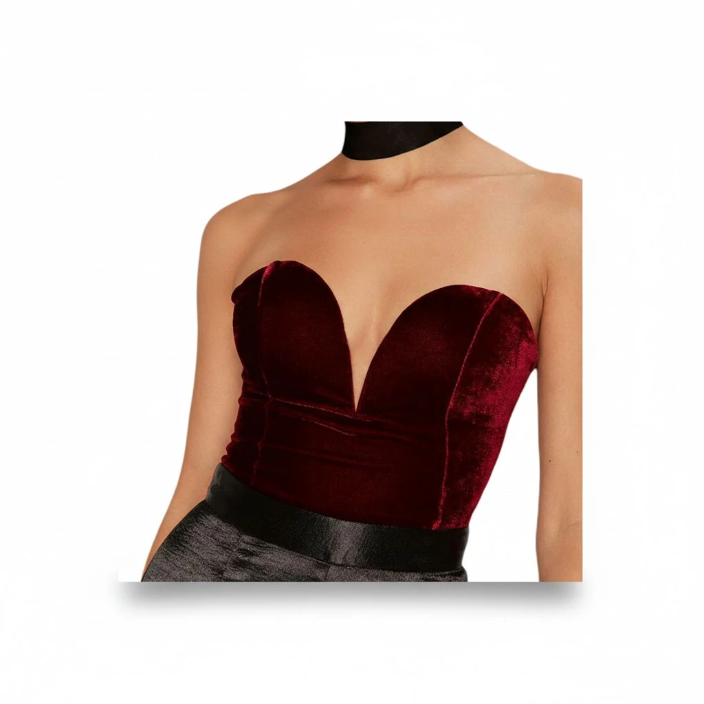 Women's Strapless Bodysuit Cross Back Velvet Bodycon Leotard Top