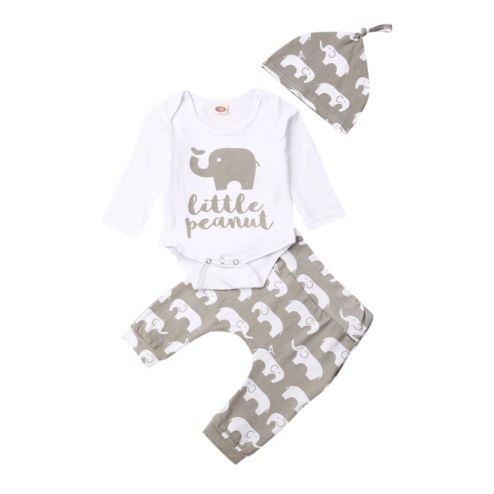 Baby Boy's White Long Sleeve Letter Print Romper + Elephant Print Pants + Hat