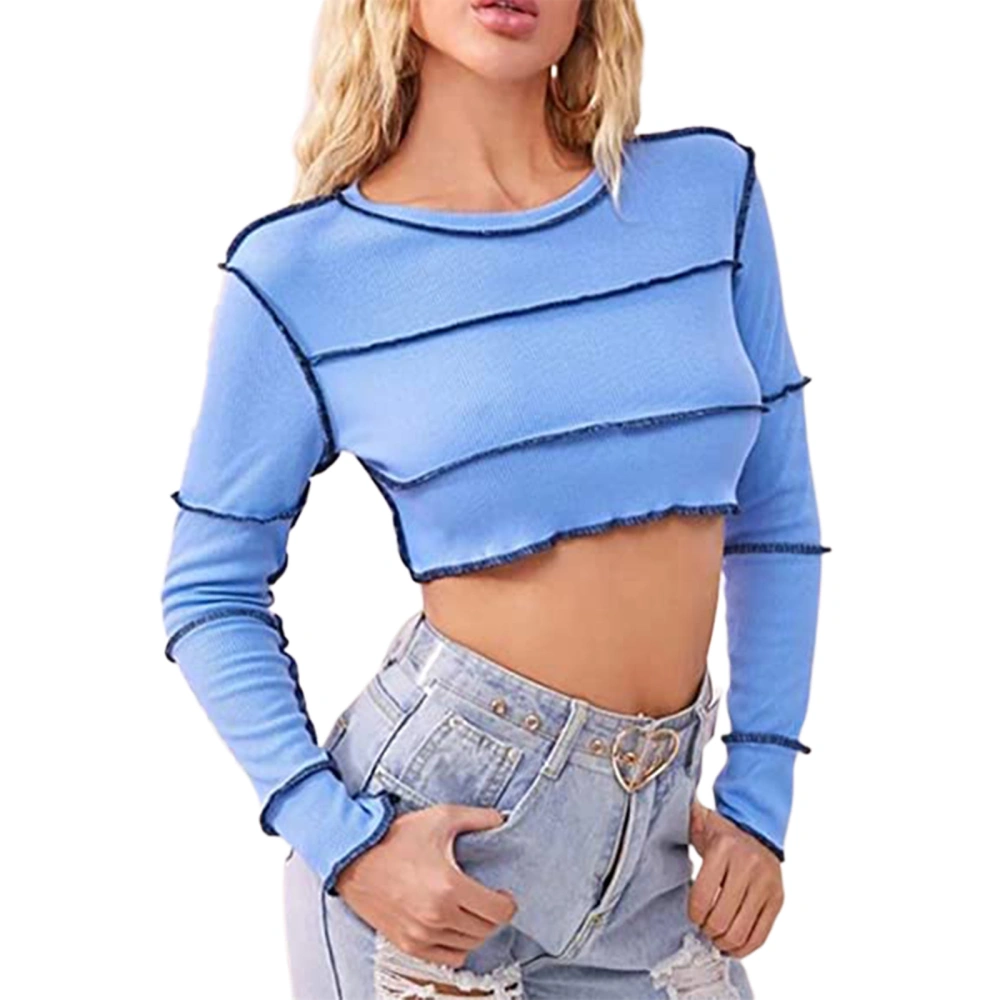 Female Crop Top, Round Neck Long Sleeve Pullover Stitching Blouse