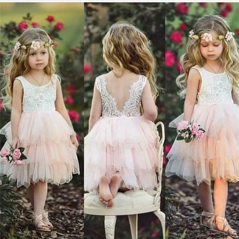 Little Girls Dress, Sleeveless Lace Hollow Back Multi-Layer Mesh TuTu Dress