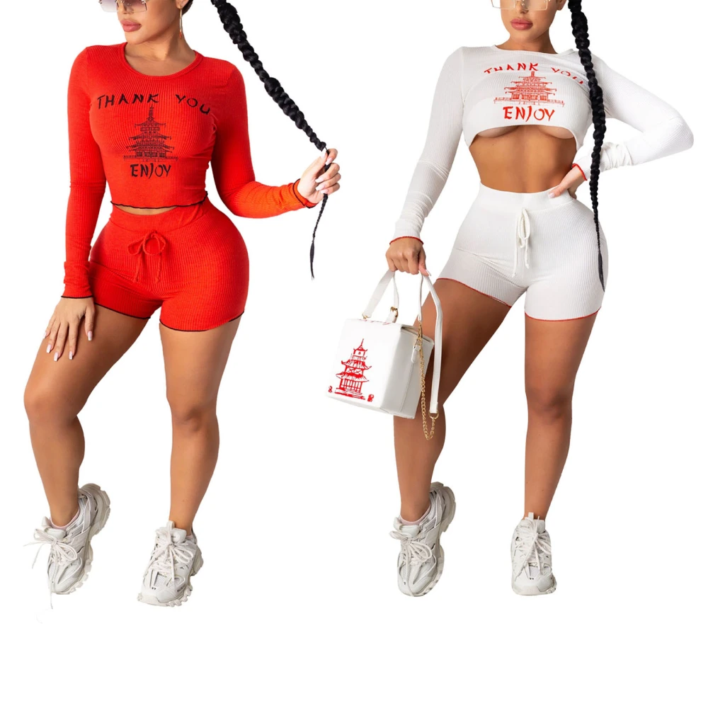 Women Clothes Set, Long Sleeve Round Collar Letters Print Crop Top and Shorts