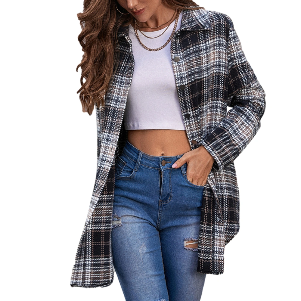 Women Plaid Shirt, Button-down Color Block Long Sleeve Lapel Jacket