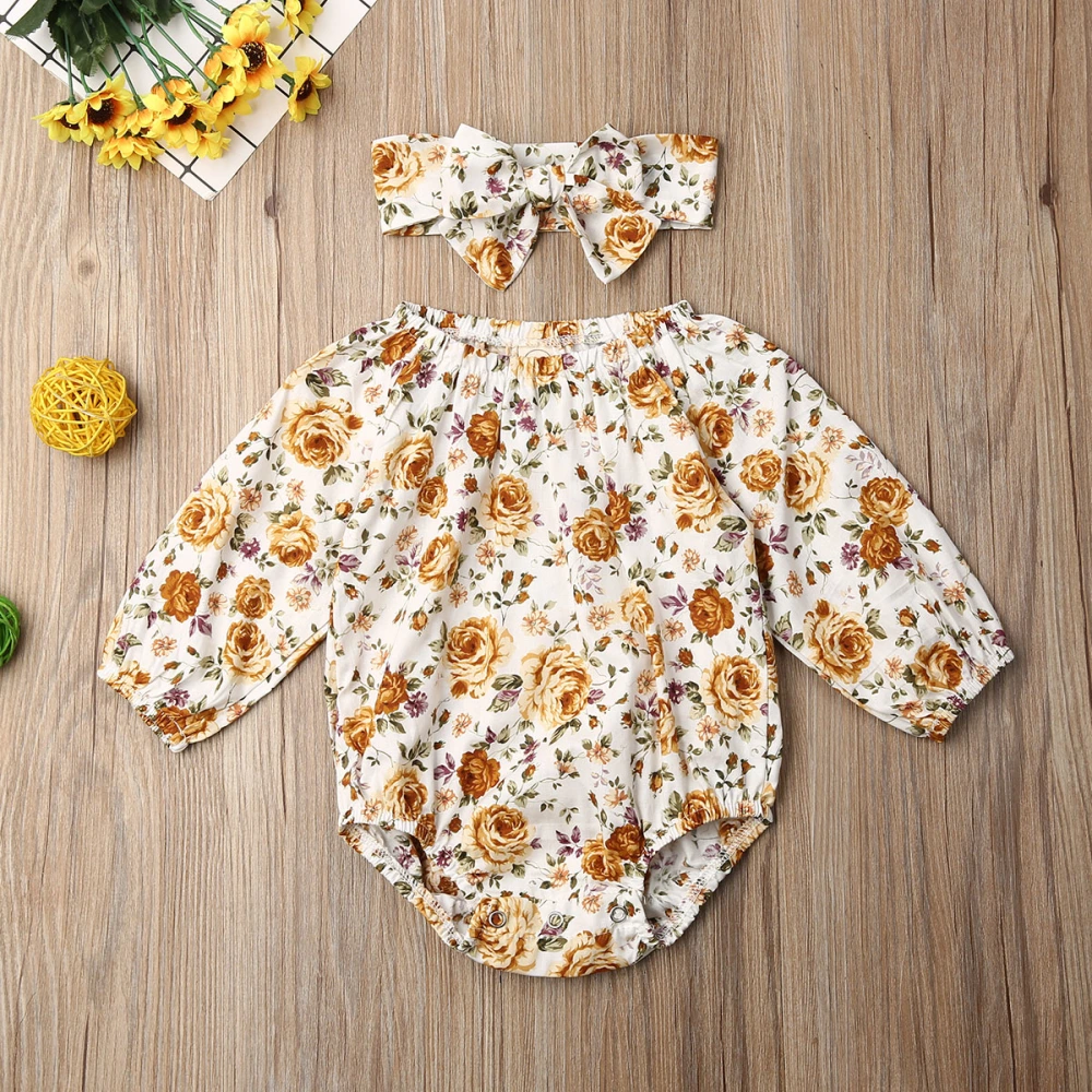 Baby Girls Long Sleeve Floral Print Romper Ruffle Jumpsuit + Headband Set