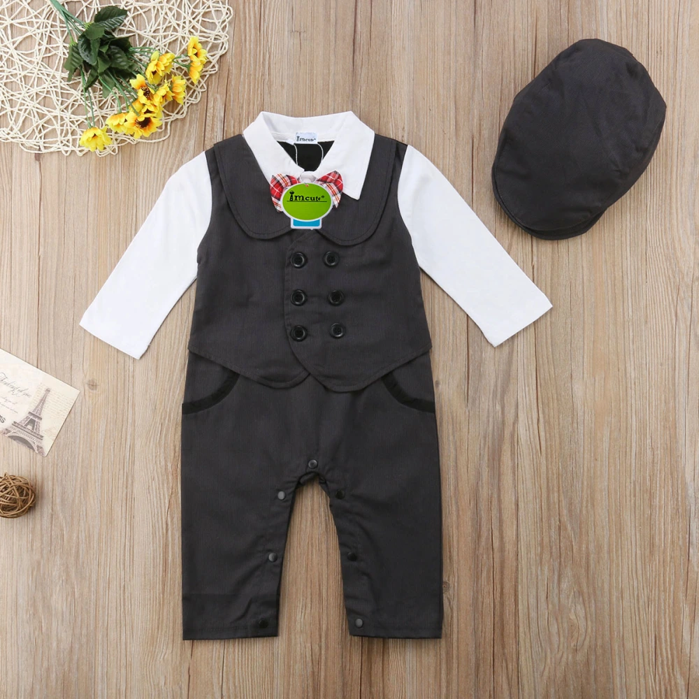 Baby Boys Romper with Beret, Gentleman Bow Long Sleeve Snap Buttons Jumpsuit