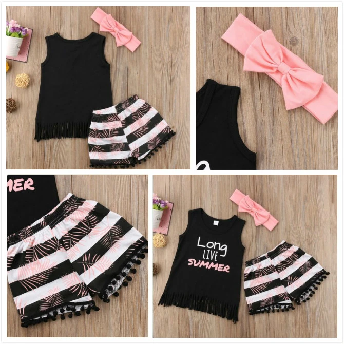 Baby Girl Tassel Letter Print Vest + Striped Shorts + Bow Hairband