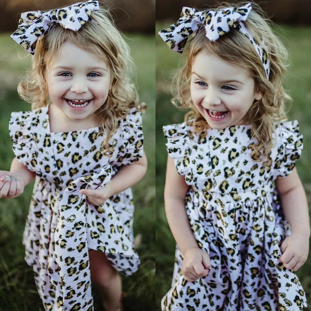 Girl's Flying Sleeve Square Neck Leopard Print Dress + Headband