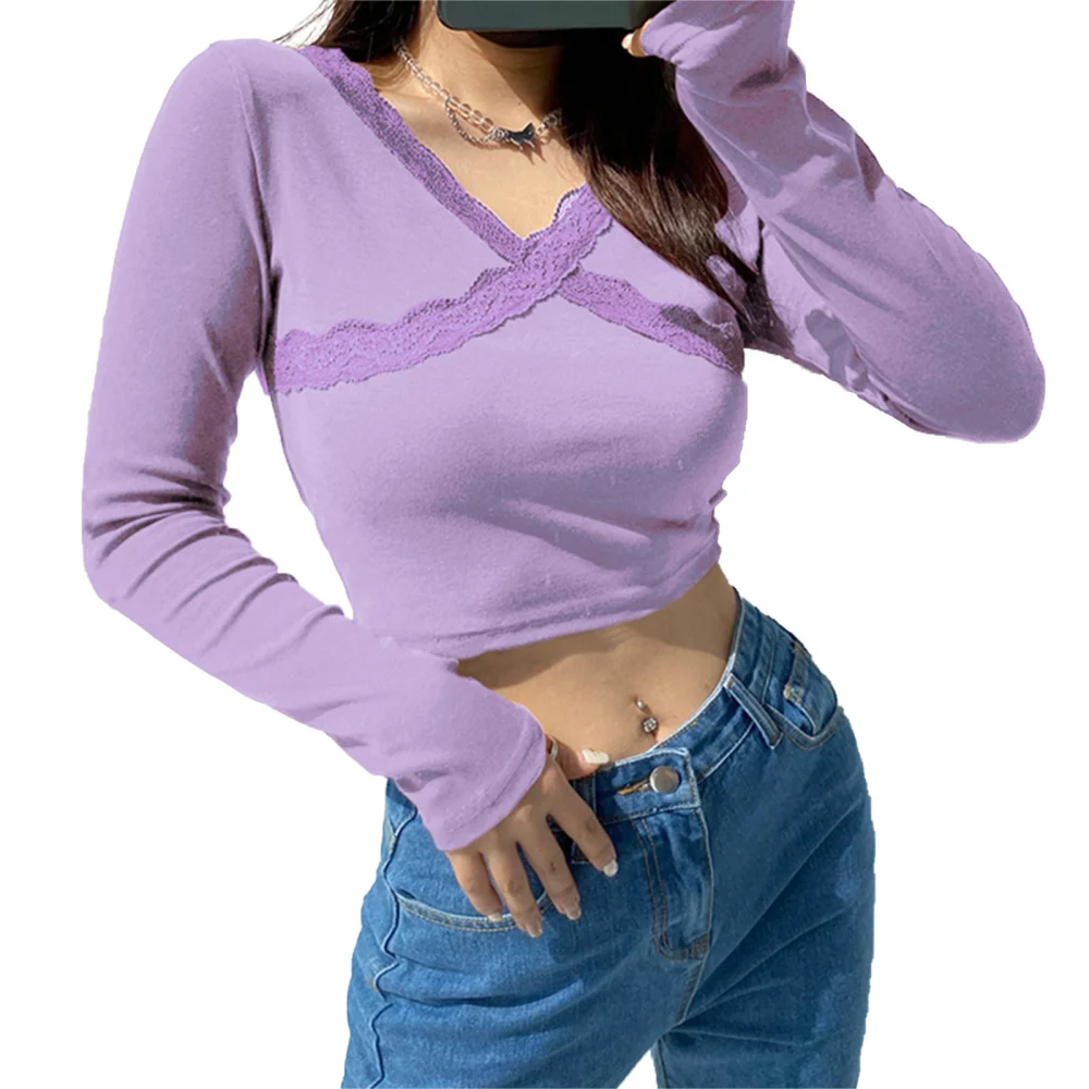 Female Crop Top, Solid Color V-Neck Long Sleeve Base Shirt Pullover