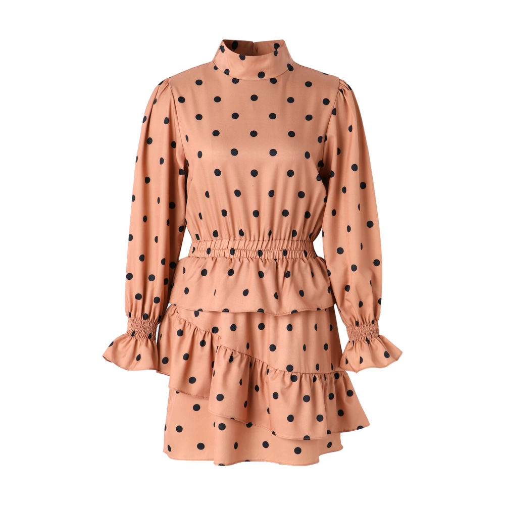 Women Long Sleeve Mock Neck Polka Dots Elastic Waist Ruffle Hem Mini Dress