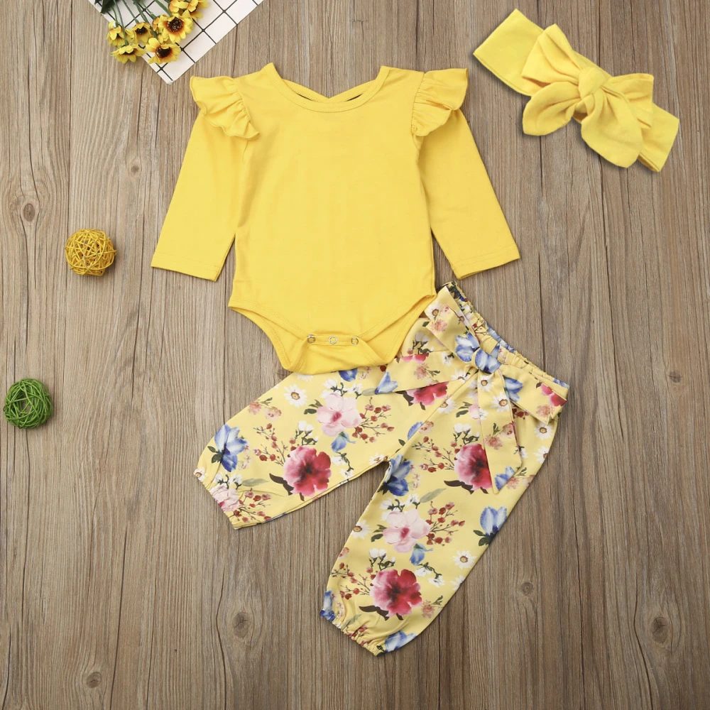 Girl's Yellow Long Flying Sleeve Romper + Floral Pants + Headband