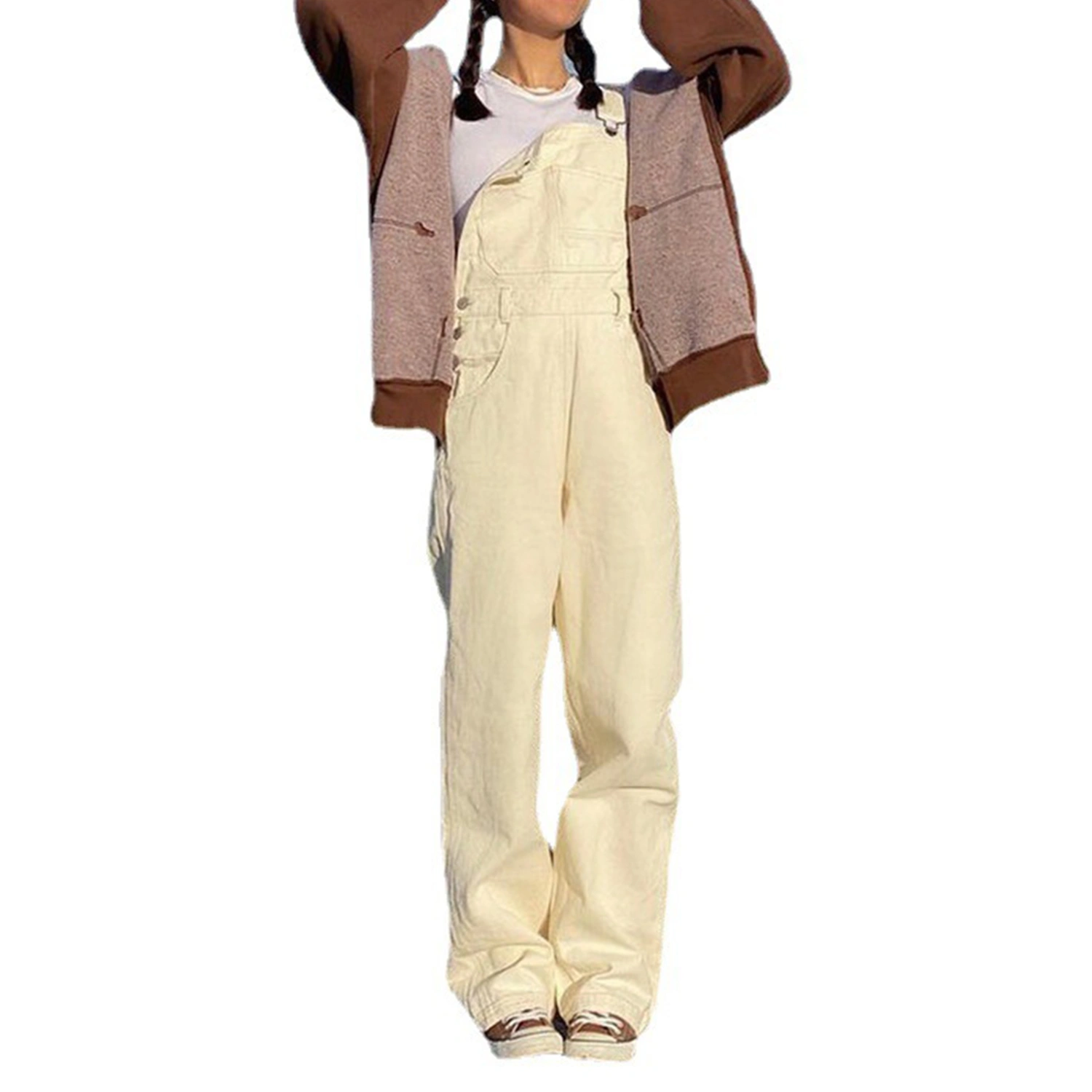 Women Overalls with Adjustable Buckle, Loose Version Solid Color