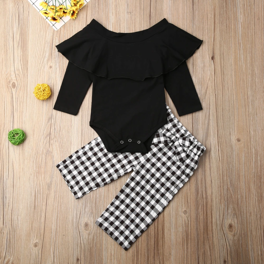 Toddler Girls Black Long Sleeve Romper + Plaid Pants with Bowknot