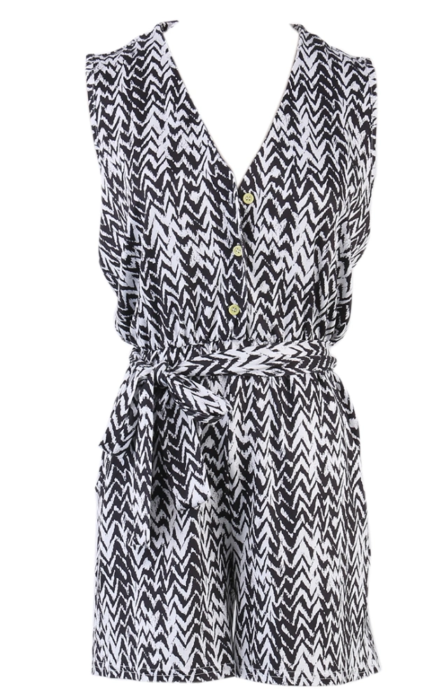 Women Playsuit, Print Buttons Deep V-Neck Sleeveless Romper+Waist Belt