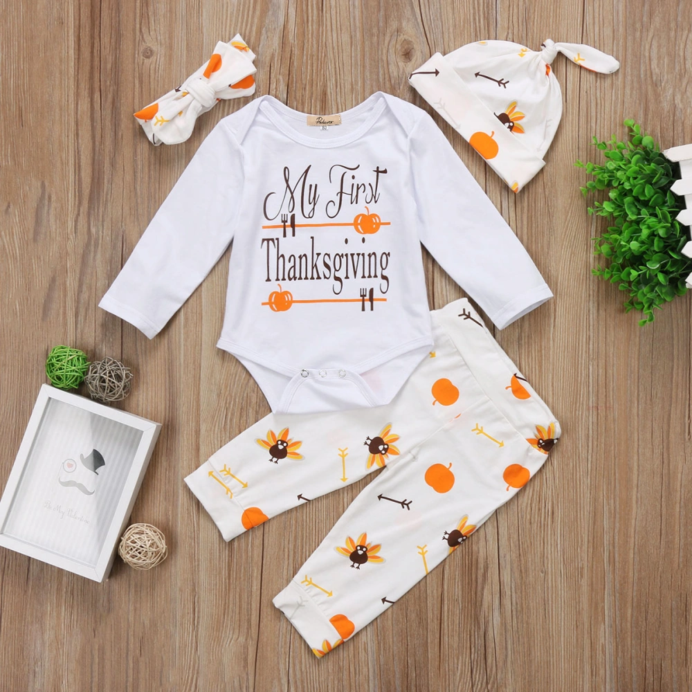 Girl's White Long Sleeve Romper + Pumpkin Print Pants + Hat + Headband