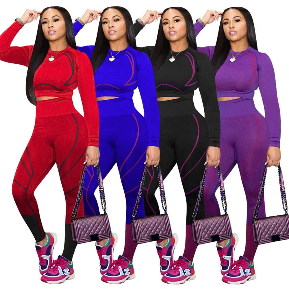 Women Tight Sports Clothes Set, Cropped Tops + High Waist Long Pants