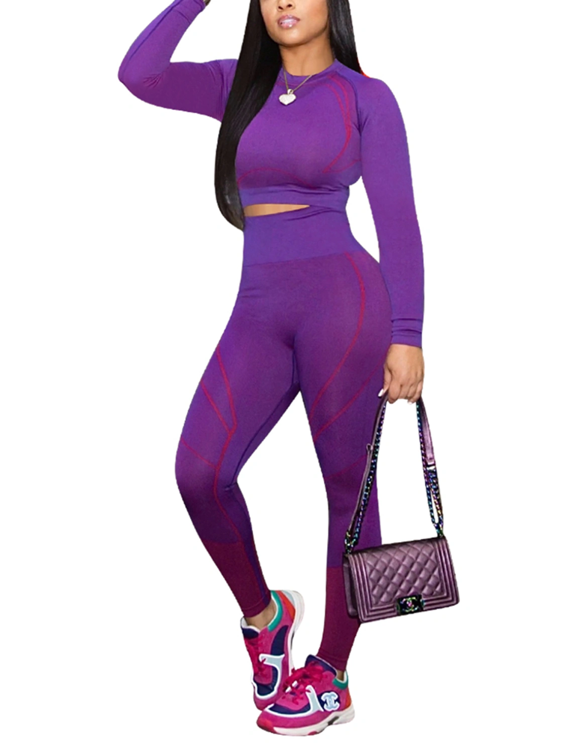 Women Tight Sports Clothes Set, Cropped Tops + High Waist Long Pants