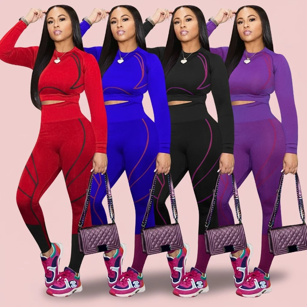 Women Tight Sports Clothes Set, Cropped Tops + High Waist Long Pants