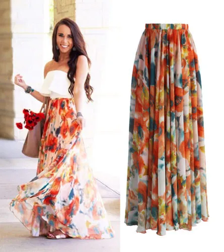 Women' s Chiffon Boho Skirt Sexy Floral Long Skirt High Waist Beach Skirt