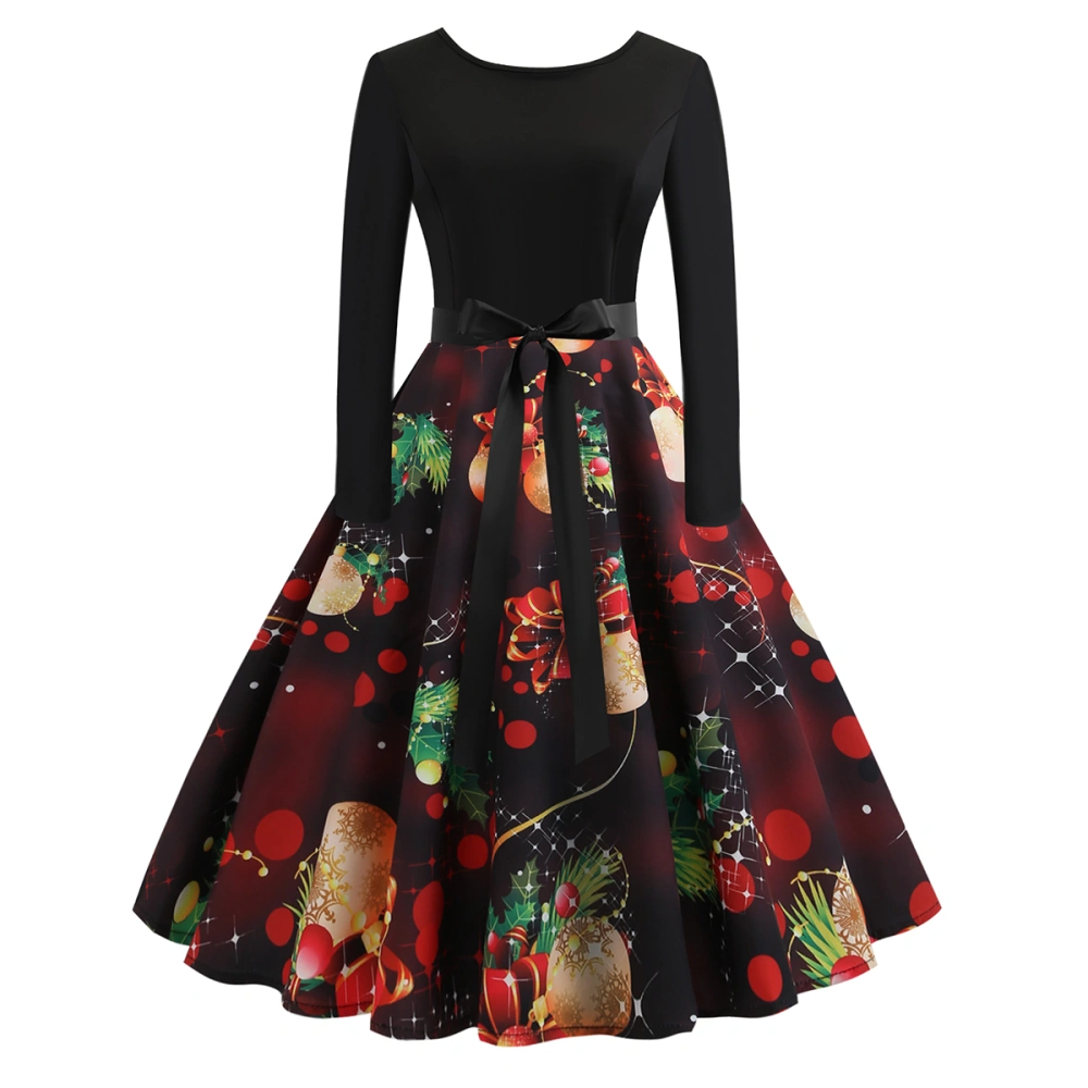 Ladies Skirt Stitching Design Santa Ball Print Full Sleeve Long Dress