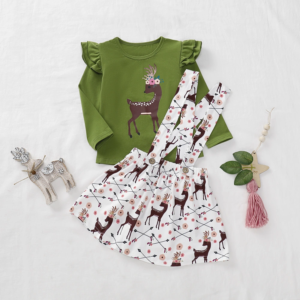 Girl's Green Long Sleeve Ruffle Tops + Deer Print Suspender Skirt